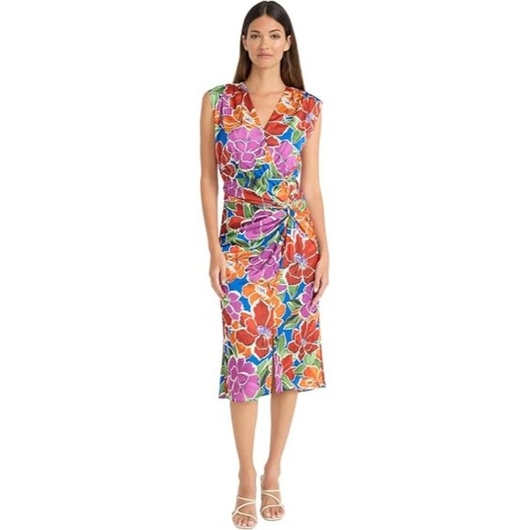 NWT Maggy London Floral V-Neck Cap Sleeve Charmeuse Faux Wrap Nevein Midi Dress - Picture 3 of 8